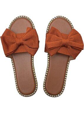 Women's Brown Bow Knot Slides Open Toe Flat Sandals Slip On Beach Shoes